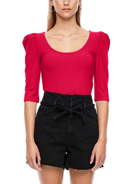 Q/S designed by Ribbed shirt with puff sleeves - red (3348)