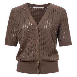 Yaya Short sleeve cardigan with mesh fabric and rib stitch detail - brown (80513)