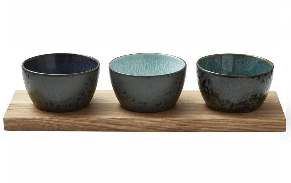 Bitz Bowls on wooden tray - black/blue (00)