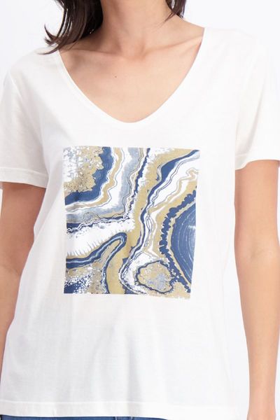 Signe nature T-shirt avec col en V - bleu/beige (1)