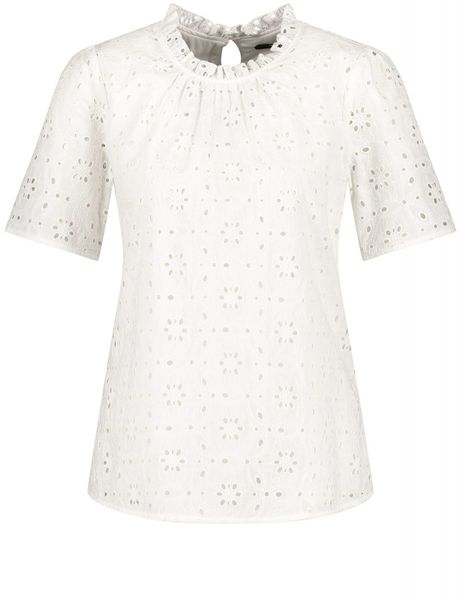Taifun Short sleeve blouse with broderie anglaise  - white (09700)