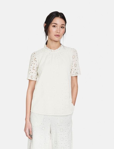 Taifun Short sleeve blouse with broderie anglaise  - white (09700)