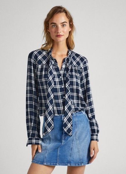 Pepe Jeans London Checked blouse with a bow - blue (0AA)