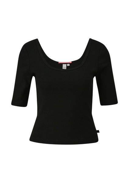 Q/S designed by Ribbed shirt with a deep round neckline  - black (9999)