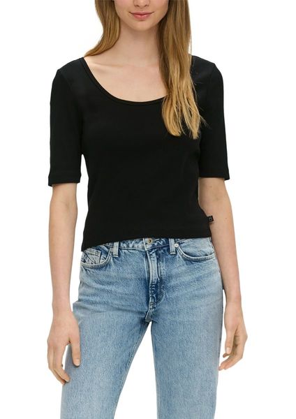 Q/S designed by Ribbed shirt with a deep round neckline  - black (9999)