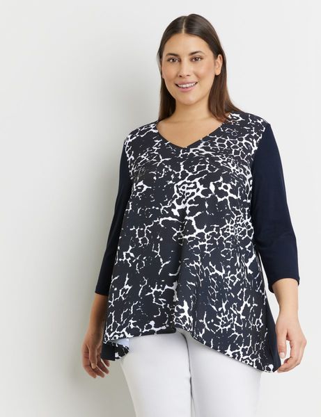 Samoon 3/4-sleeve top with fabric panelling - blue (08102)