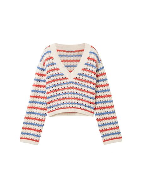 Tom Tailor Denim Pull tricoté en coton biologique - blanc/rouge/bleu (34684)