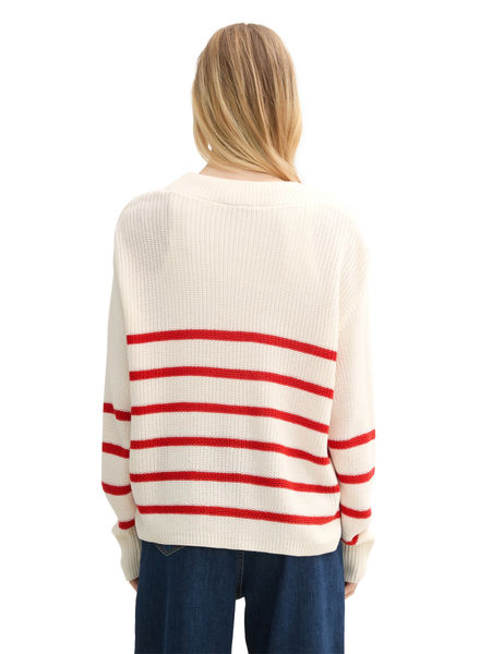 Tom Tailor Denim Strick Cardigan mit V-Ausschnitt - rot/weiß (37390)
