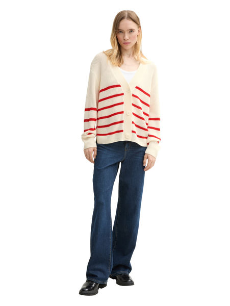 Tom Tailor Denim Strick Cardigan mit V-Ausschnitt - rot/weiß (37390)