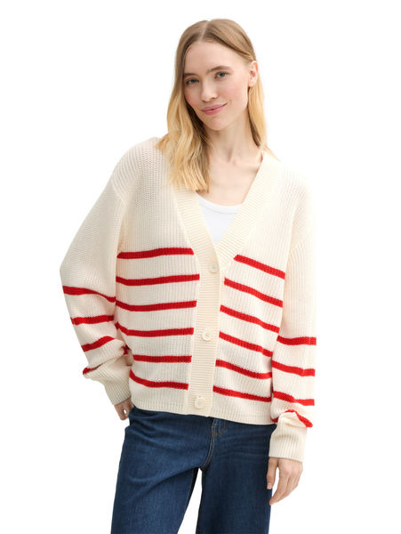 Tom Tailor Denim Strick Cardigan mit V-Ausschnitt - rot/weiß (37390)