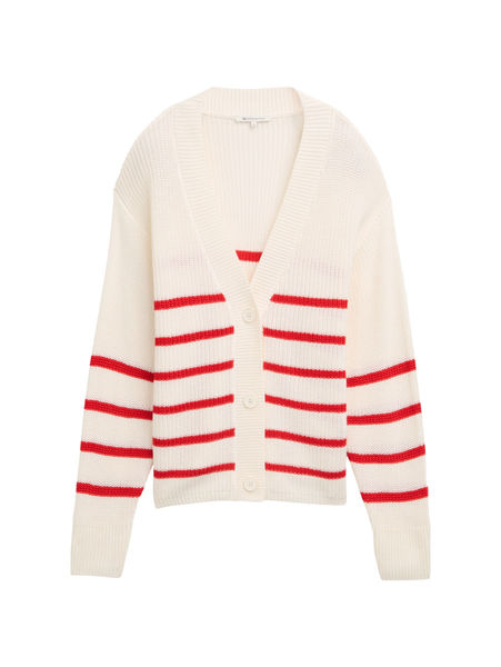 Tom Tailor Denim Strick Cardigan mit V-Ausschnitt - rot/weiß (37390)