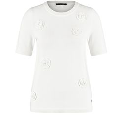 Taifun Kurzarmpullover mit Häkel-Blumen - weiß (09702)