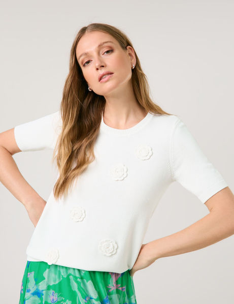 Taifun Kurzarmpullover mit Häkel-Blumen - weiß (09702)