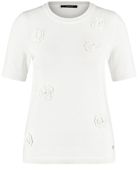 Taifun Kurzarmpullover mit Häkel-Blumen - weiß (09702)