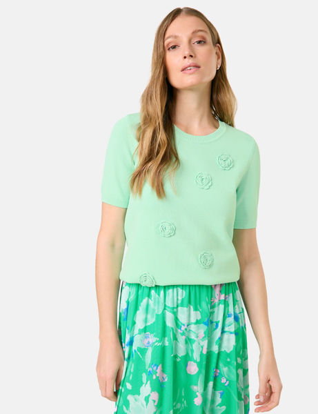 Taifun Kurzarmpullover mit Häkel-Blumen - grün (05730)
