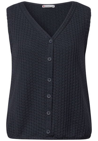 Street One Damen Strukturshirt Mit Knöpfen - Baumwollmix Langarm Mit U-Boot-Ausschnitt